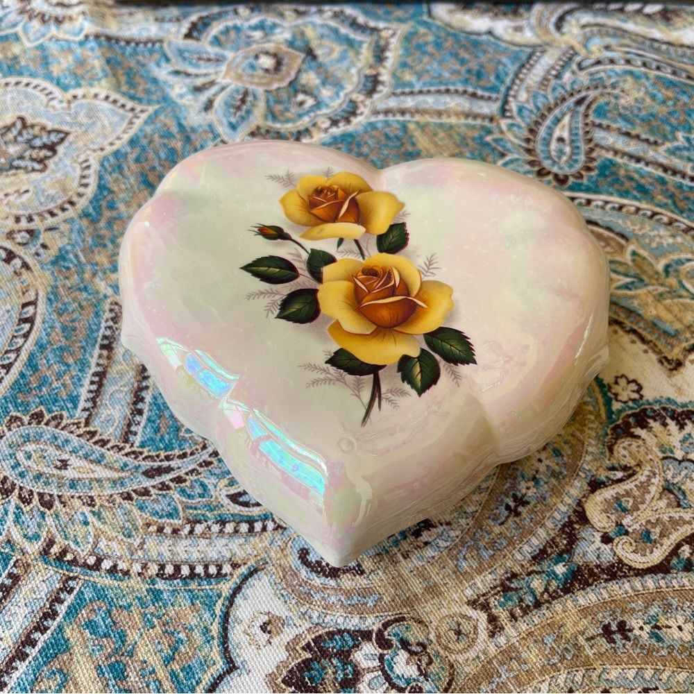 Lusterware Heart Trinket Box Vintage Porcelain Yellow Rose Jewelry Box